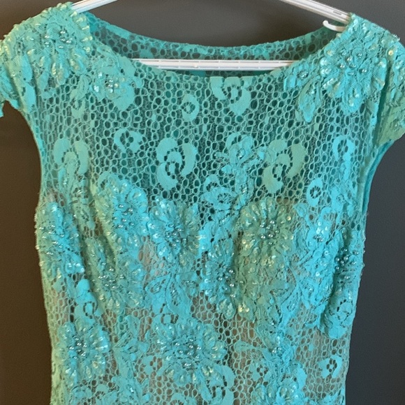 Wedding guest prom evening mermaid fairy beaded maxi Turquoise Lace Dress - Picture 2 of 7